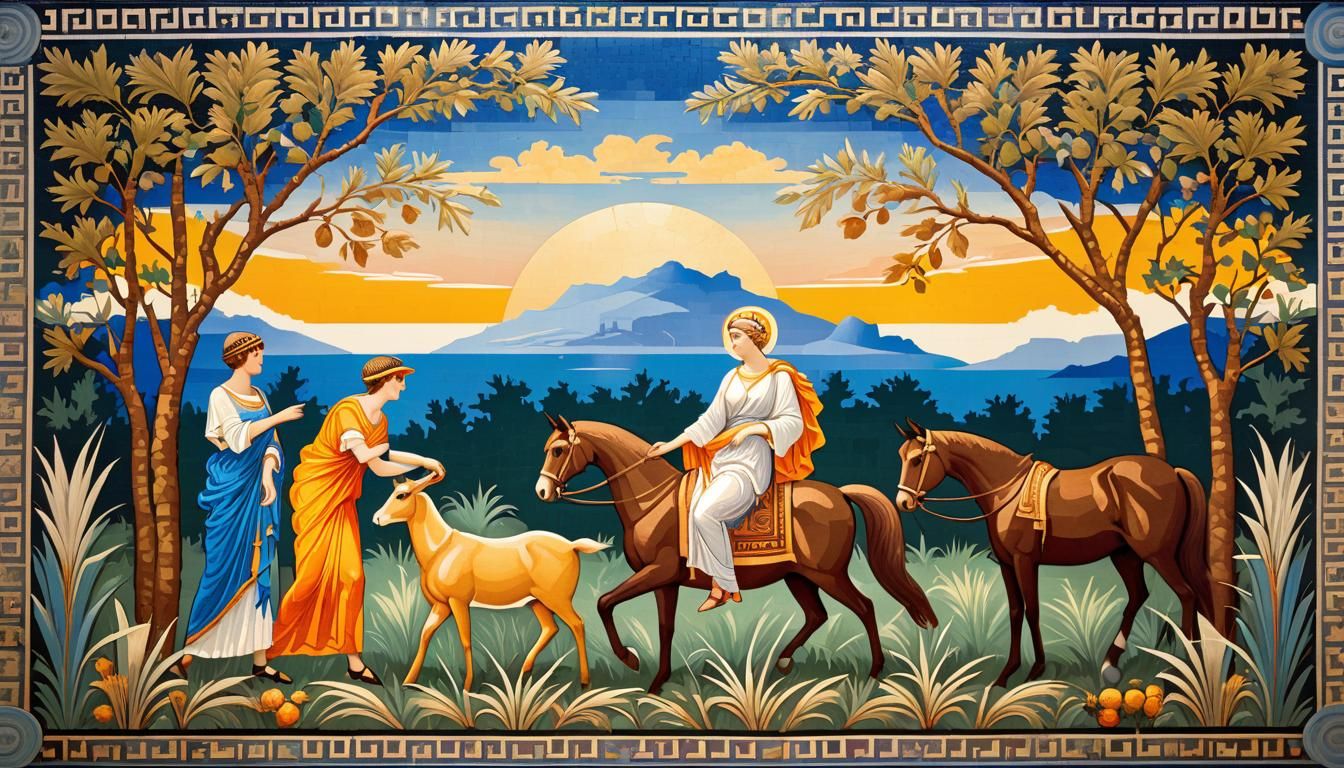 Classic Greek Fresco of a Pastoral Scene in the Style of Cim...