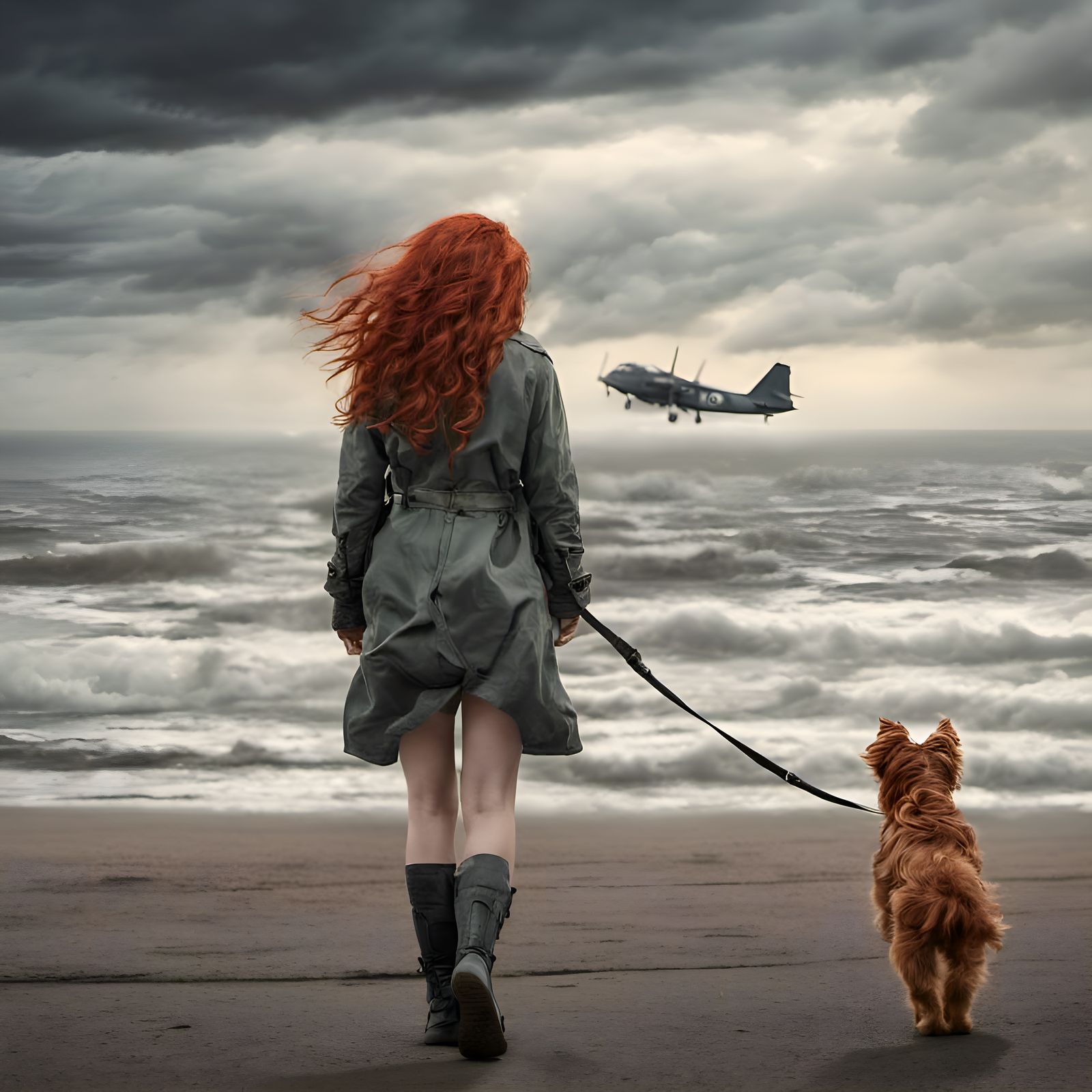 Woman and Terrier Watch Military Aircraft Over Stormy Sea