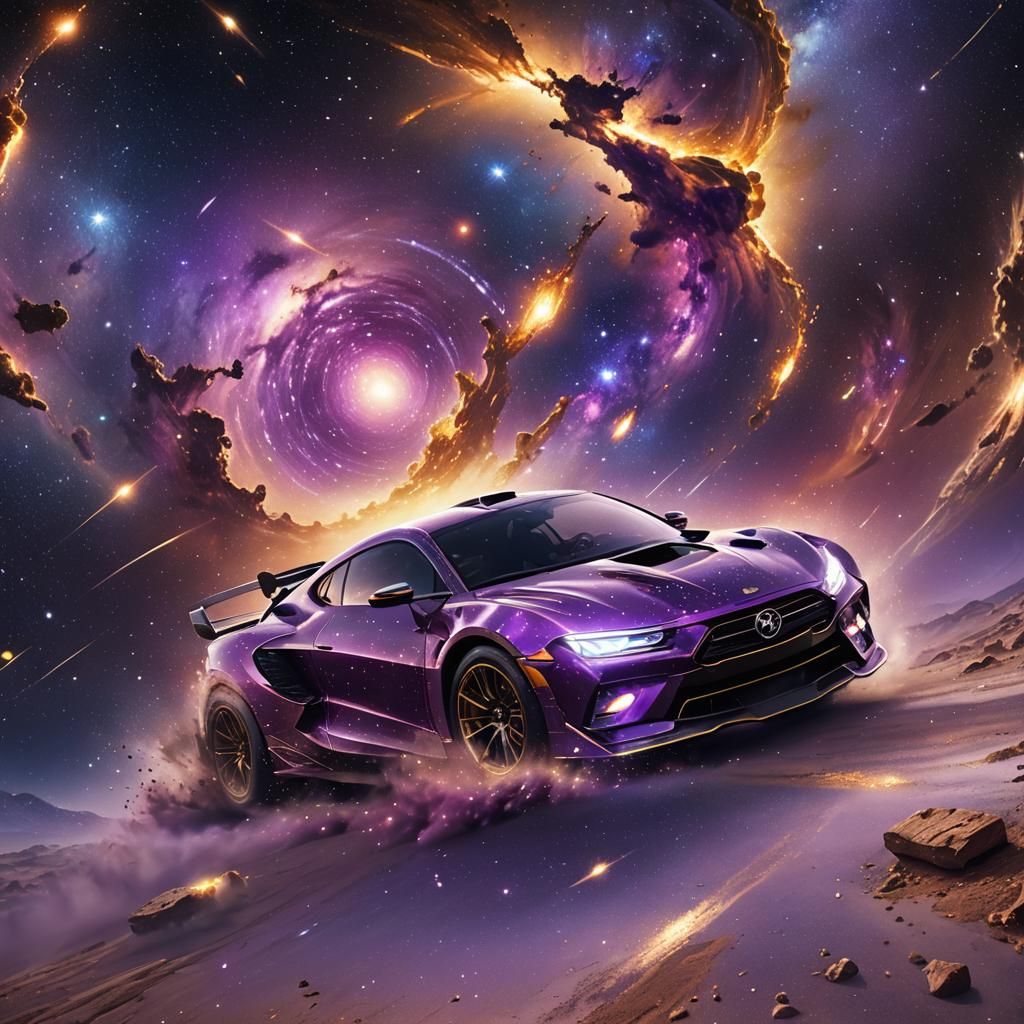 A hyperrealistic digital painting of an exhilarating car race set against the backdrop of the Milky Way galaxy. The scen...