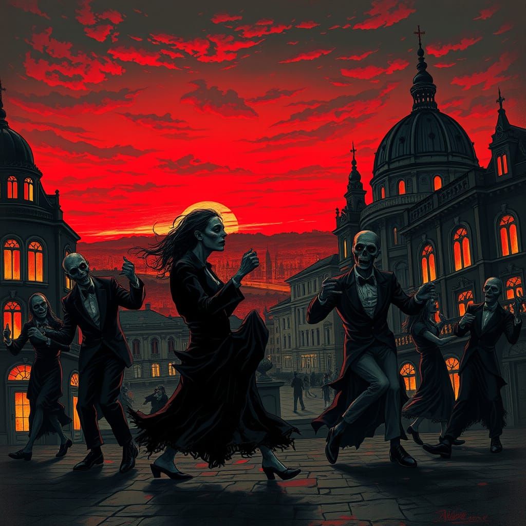 Zombie Tango in Budapest Under Blood-Red Sky
