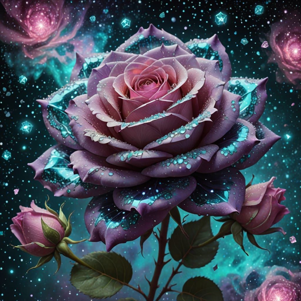 Glowing Nebula Rose Surrounded by Diamond Roses