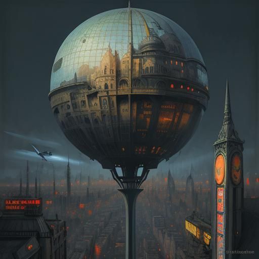 Futuristic Art Nouveau Cityscape with Flying Cars