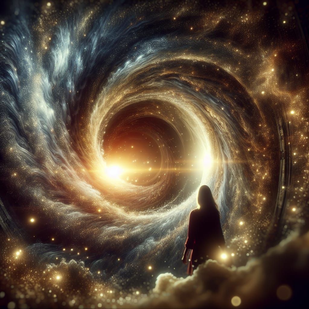 Woman Gazing into Swirling Portal to Another Realm