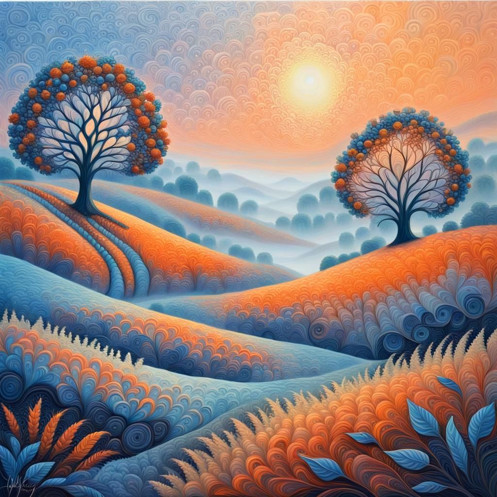 Fractal Zentangle Sunrise in Neo-Impressionist Style