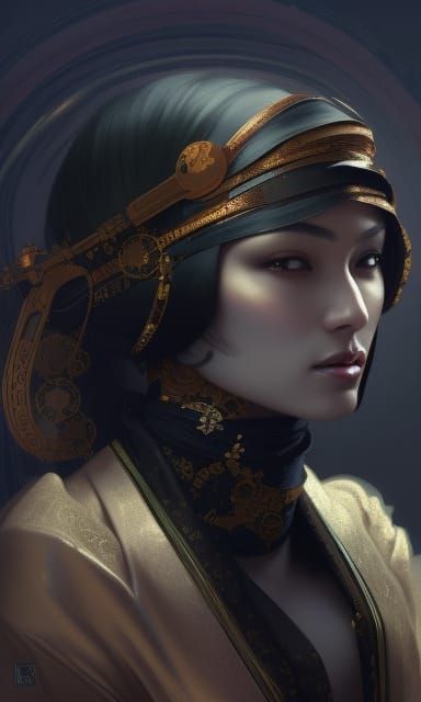 Oriental Assassin with Steampunk Engine in Retrowave Style