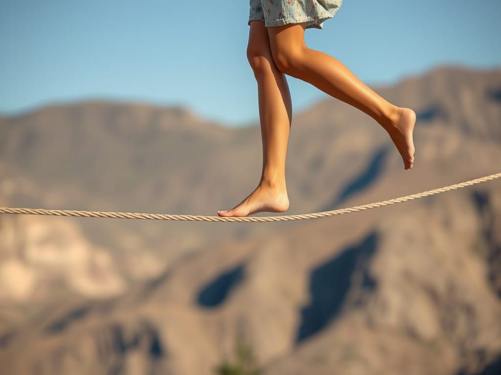 Daring Barefoot Acrobat on a Rope High Above