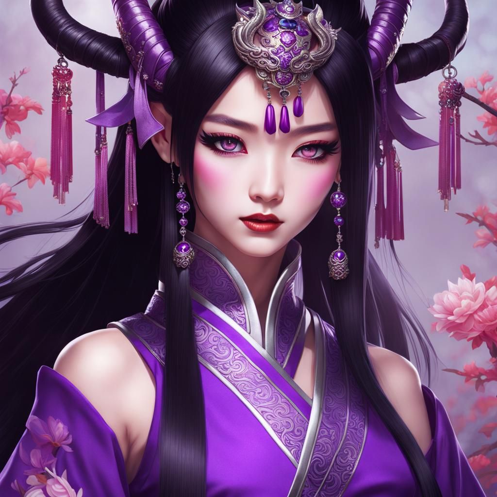 Chinese Dragon Girl with Purple Hanfu and Horns