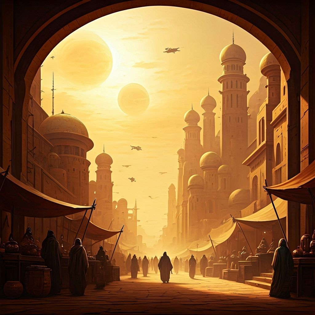 Bustling Desert Planet Marketplace with Alien Merchants