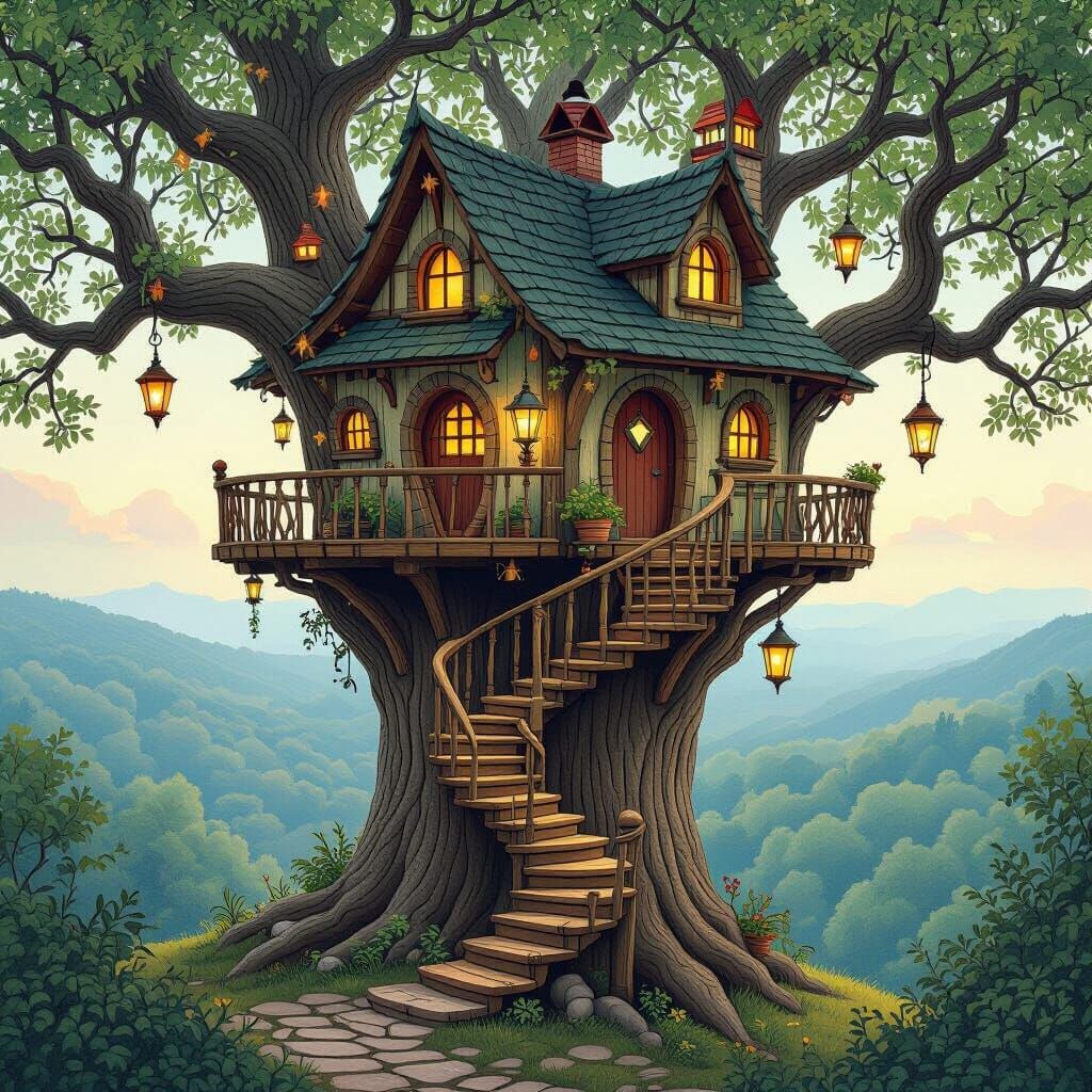 Whimsical Treehouse in Ancient Oak, Storybook Illustration
