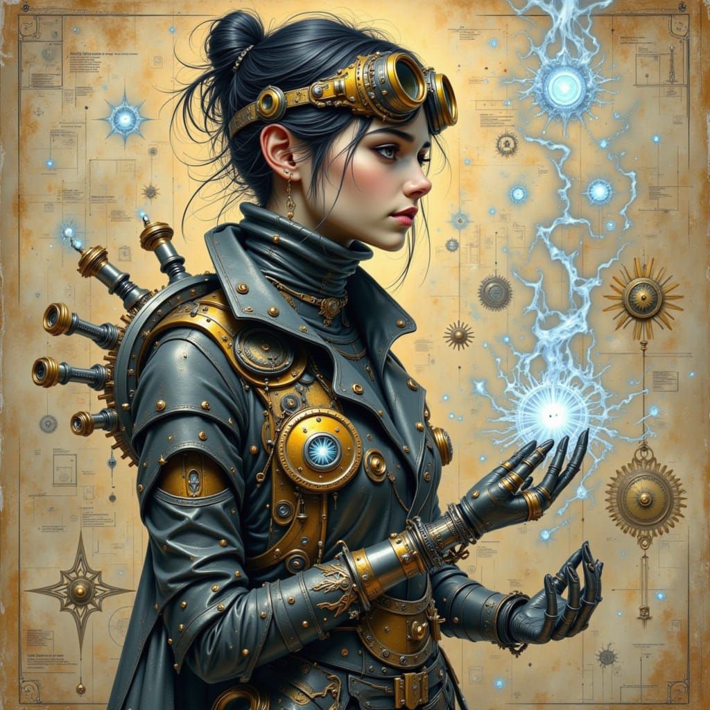 Clockwork Arcanist with Mechanical Arm Holding Spell Matrix