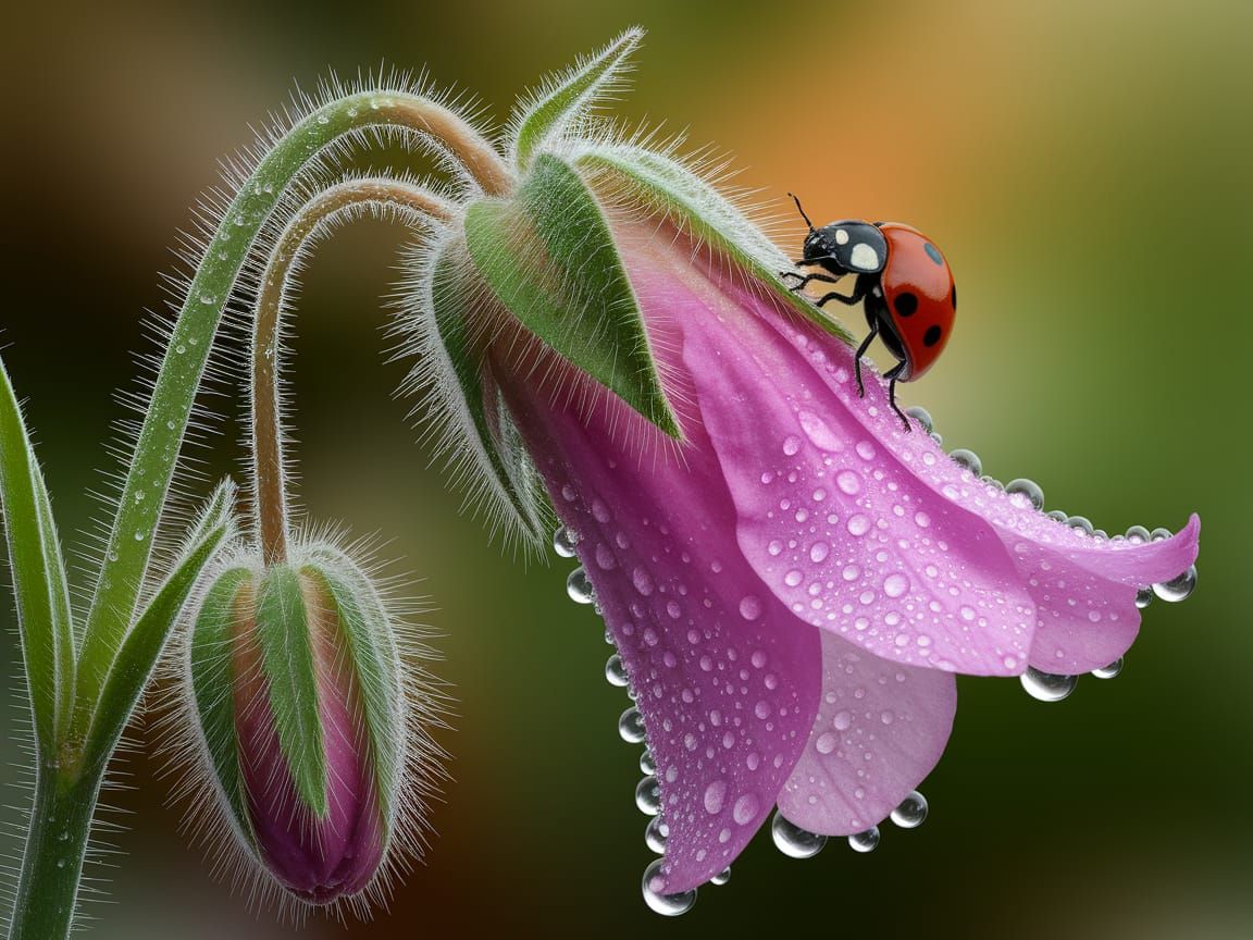 Delicate Pink Flower with Vibrant Red Ladybug in Macro Photo...
