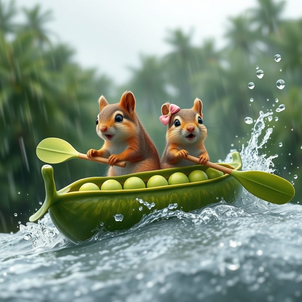 Two Tiny Squirrels Navigate a Pea Pod Raft Through Whimsical...