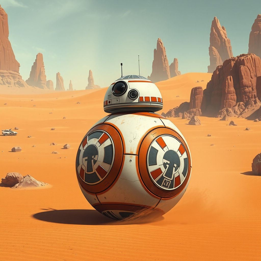 BB-8 Rolls Through Desert Landscape in Futuristic Style