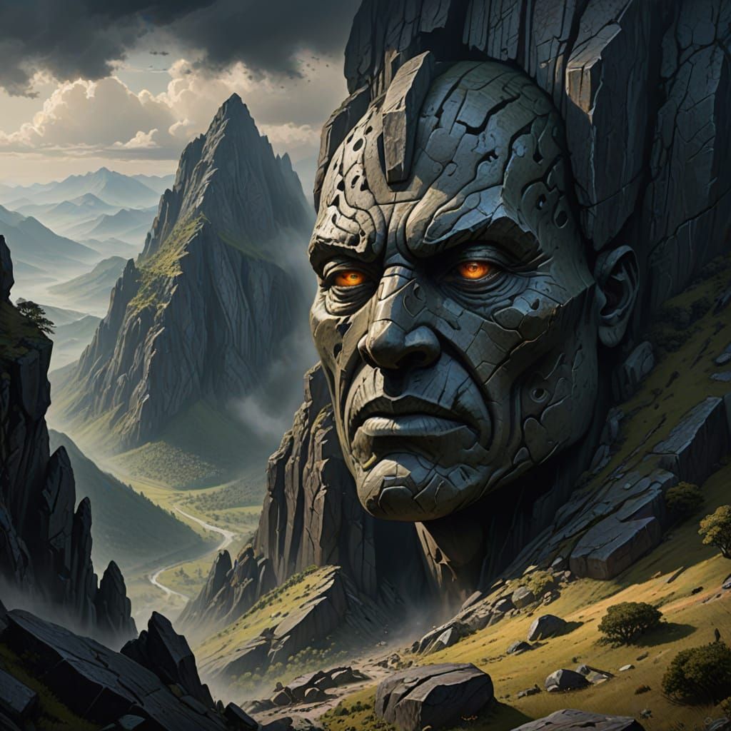 Colossal Stone Face Mountain in Moody Fantasy Art Style