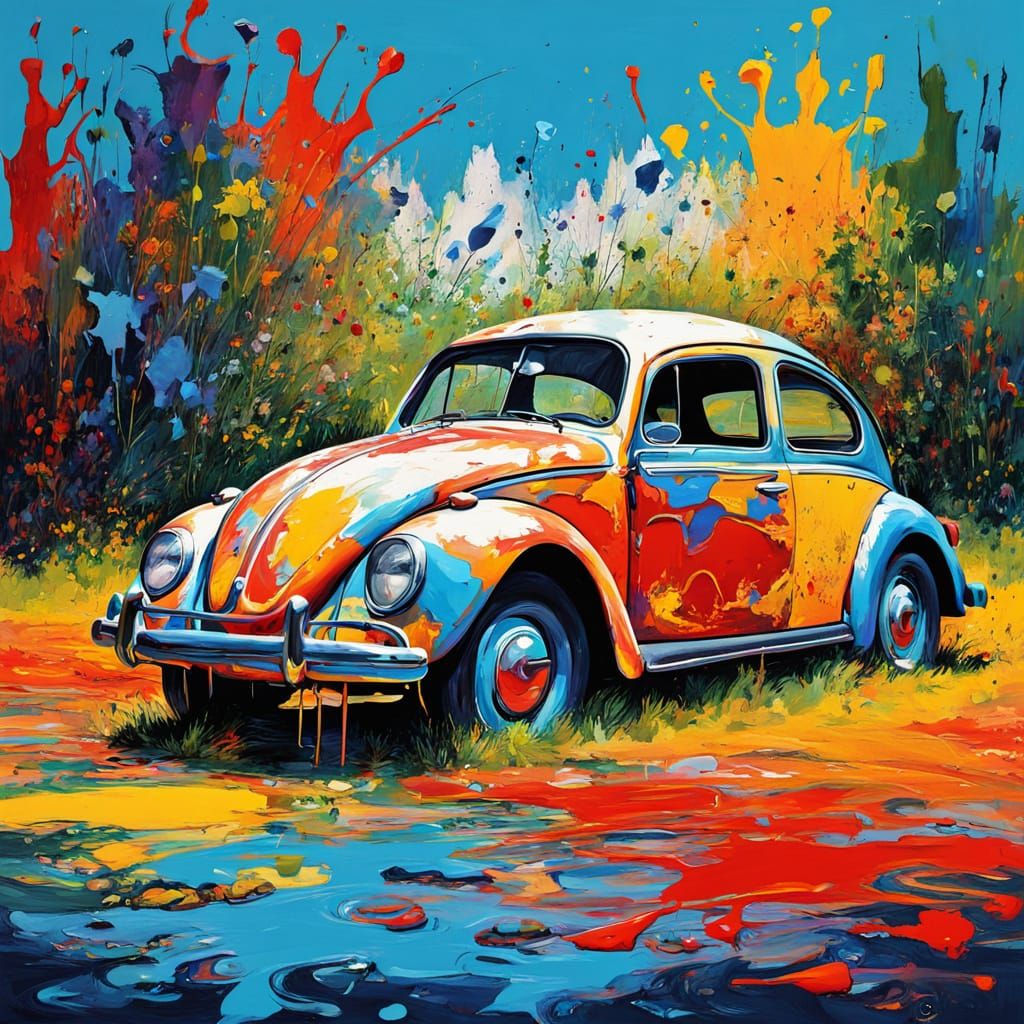 Vibrant VW Beetle in a Field of Colorful Chaos