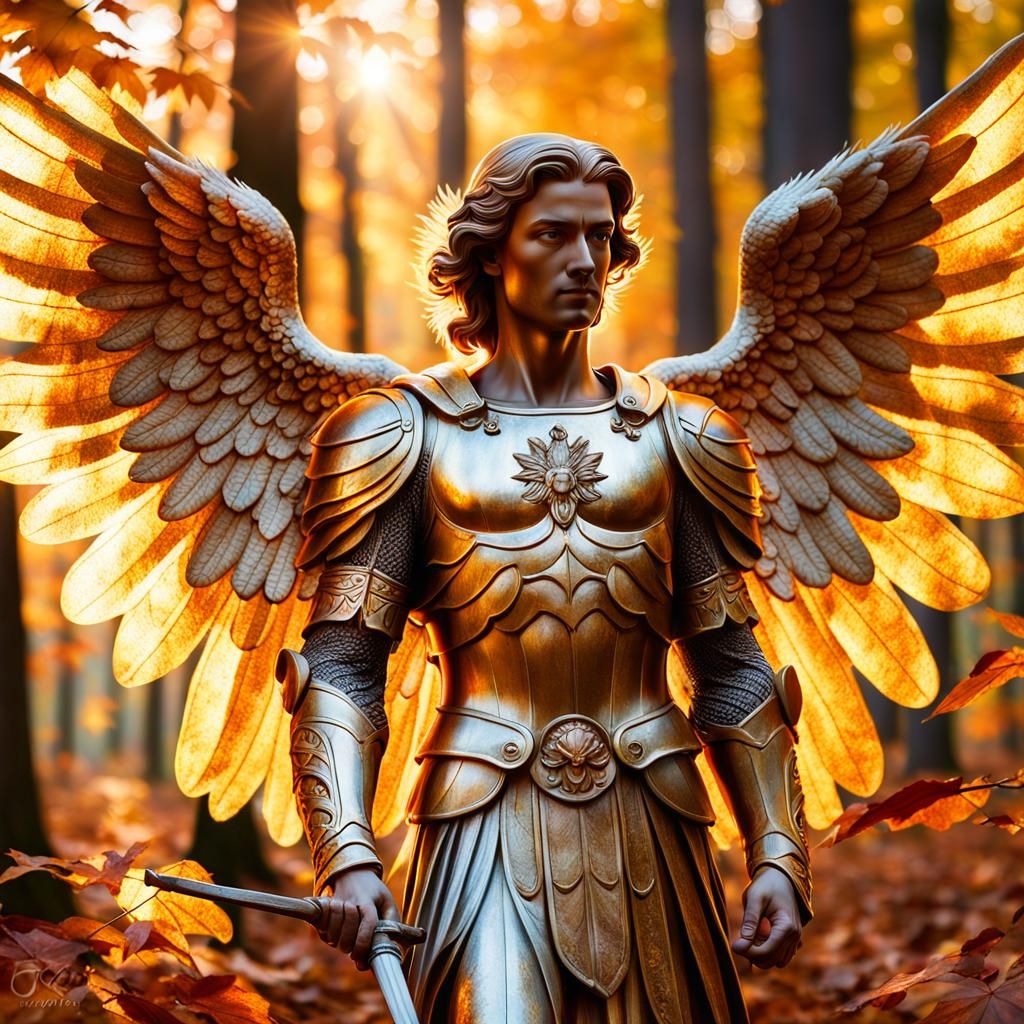 Saint Michael Archangel in Autumn Forest at Dawn