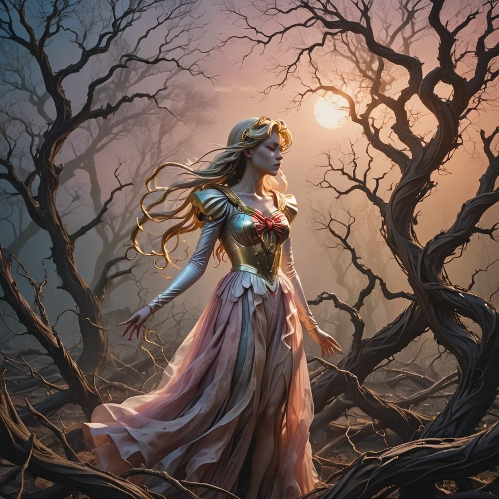 Surreal Sailor Moon Sings in Abandoned Landscape