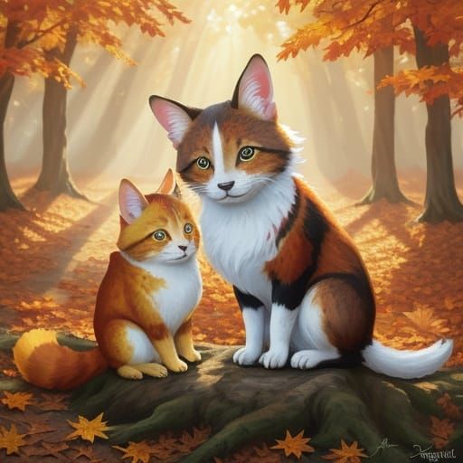 Cute Animals Playing in Autumn Leaves: Vibrant Oil Painting