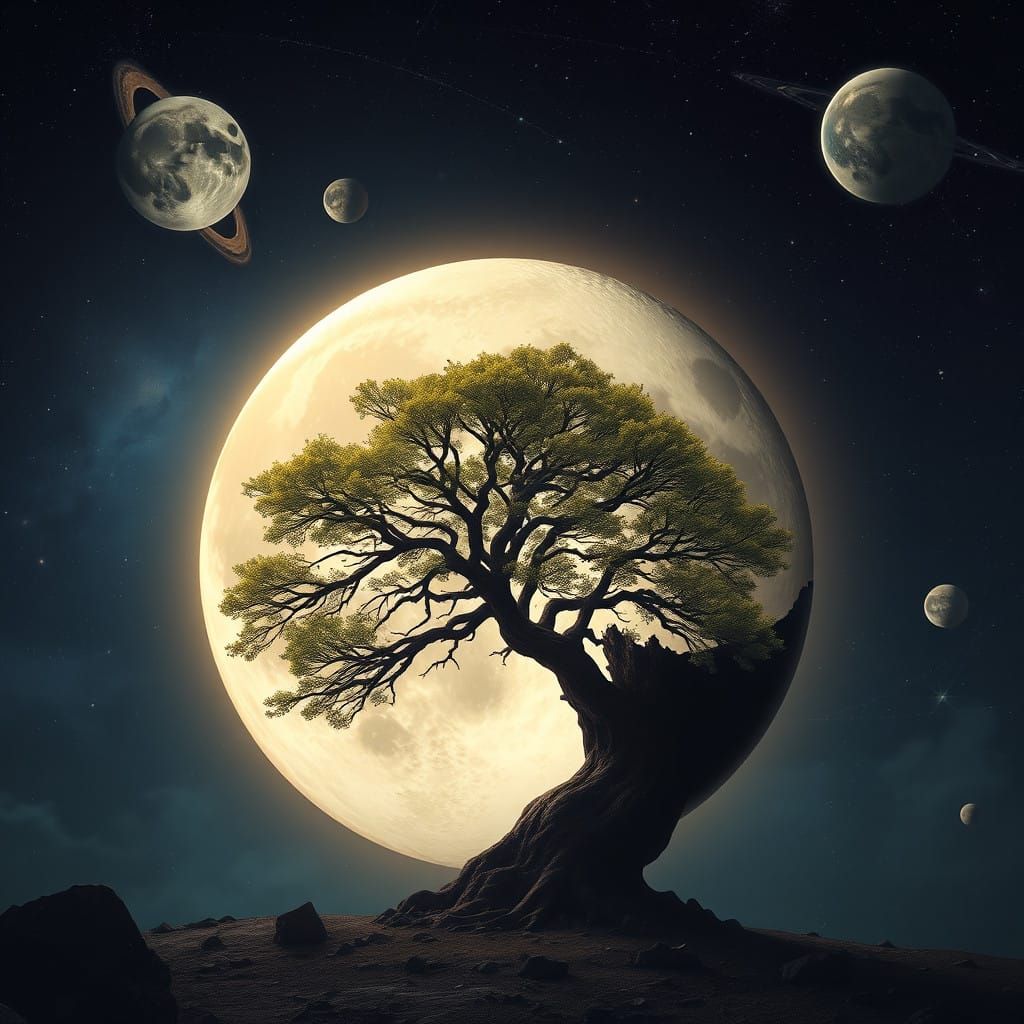 Tree Under Celestial Canvas in Cosmic Night