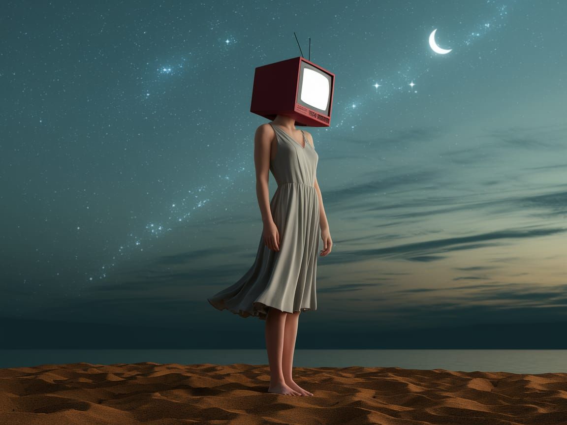 Woman with Television Head in Twilight Sky