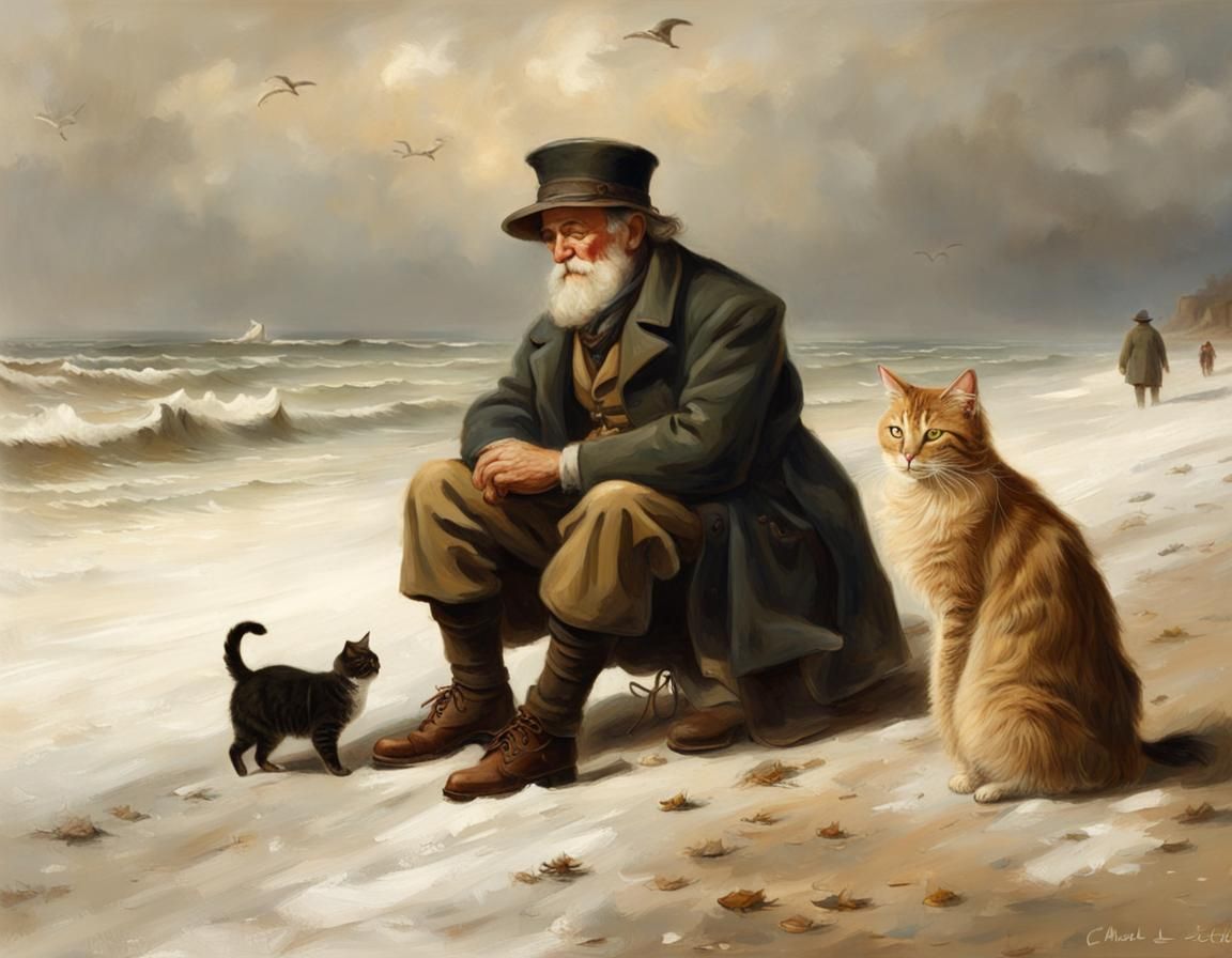 Winter Beach Scene: Old Man and Cat