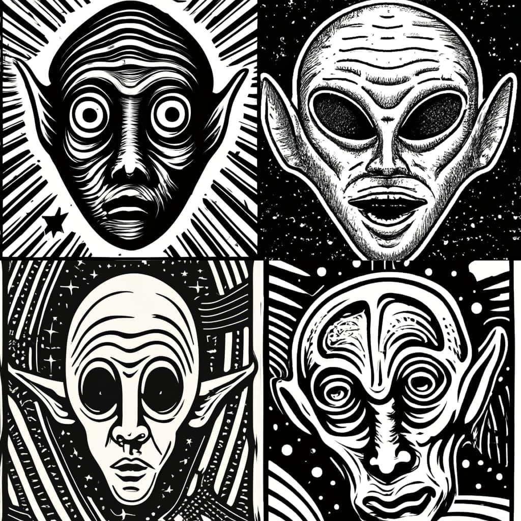 Grey Alien Portrait in Medieval Woodcut Style
