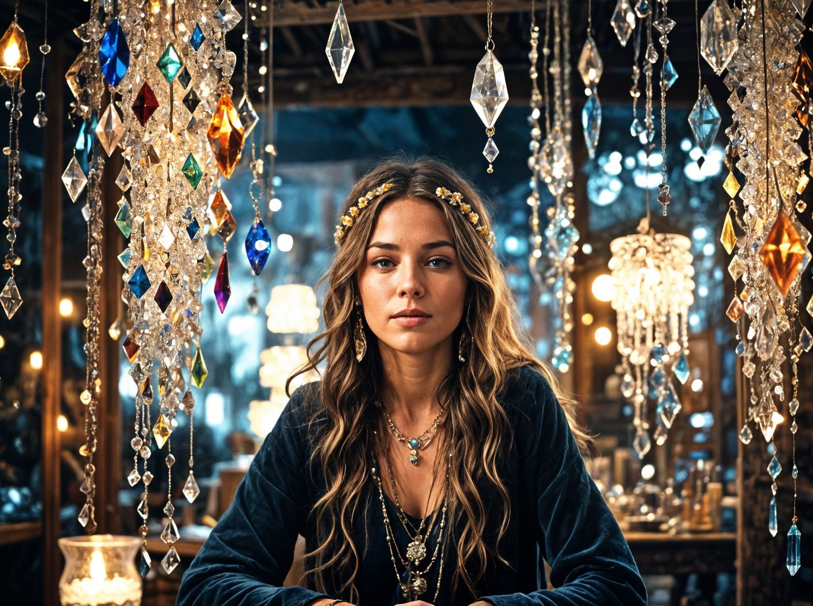Attractive Hippy Surrounded by Crystals in Moody Shop