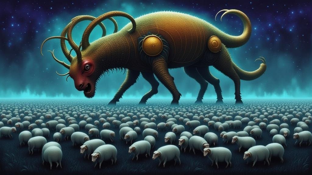 Biomechanical Kaiju Ram Guardian of Luminescent Lambs