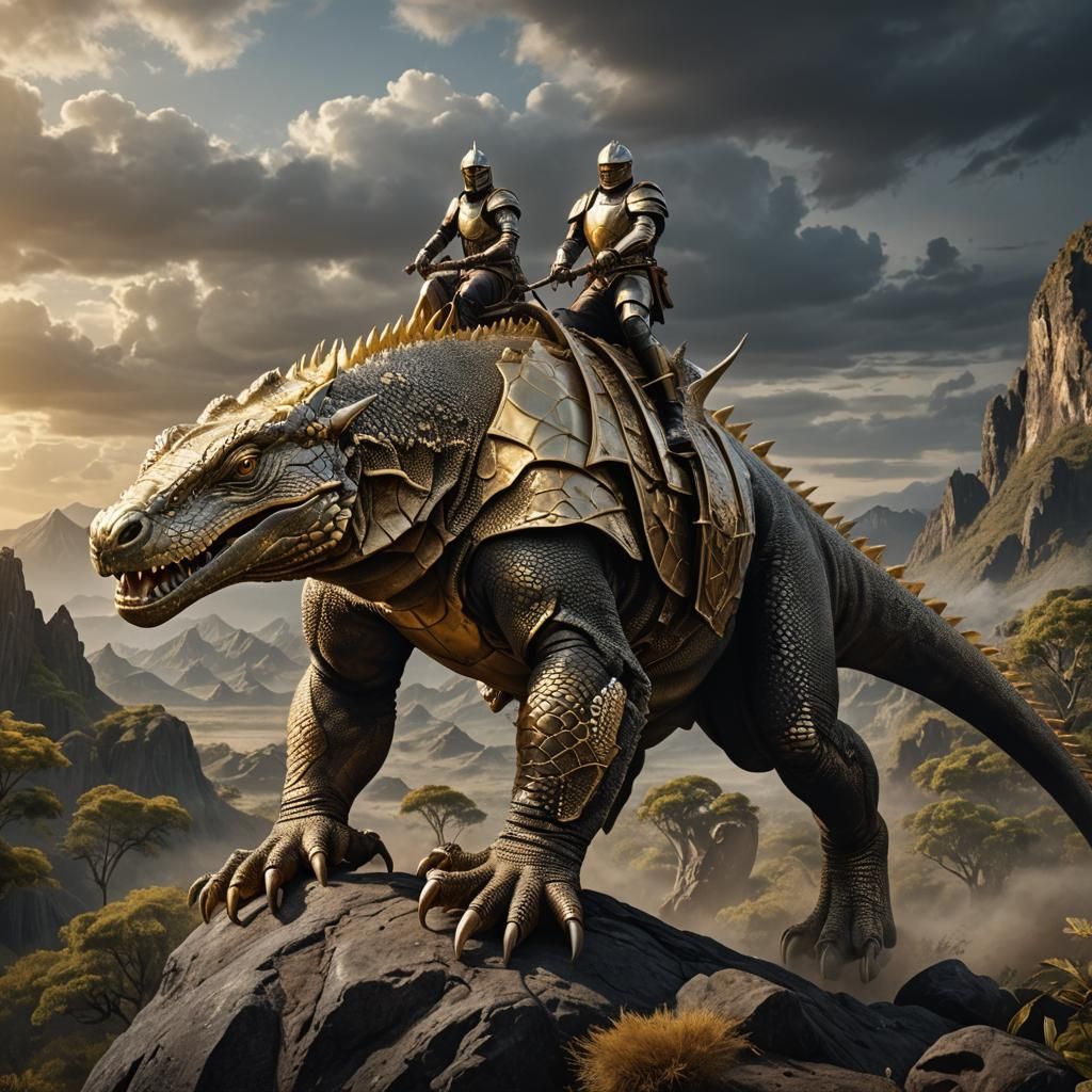 Knight Rides Gold and Silver Komodo Dragon