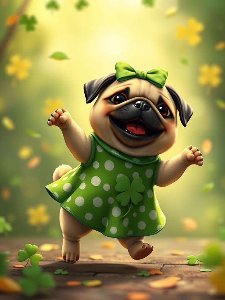 Vibrant Pug Dances in Whimsical Irish Landscape