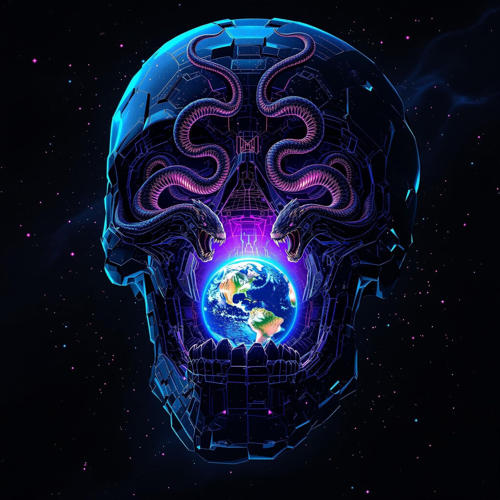 Cyberpunk Skull with Holographic Sheen and Serpents