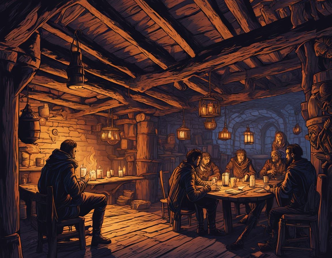 Dark Fantasy Tavern Scene in Warm Golden Glow