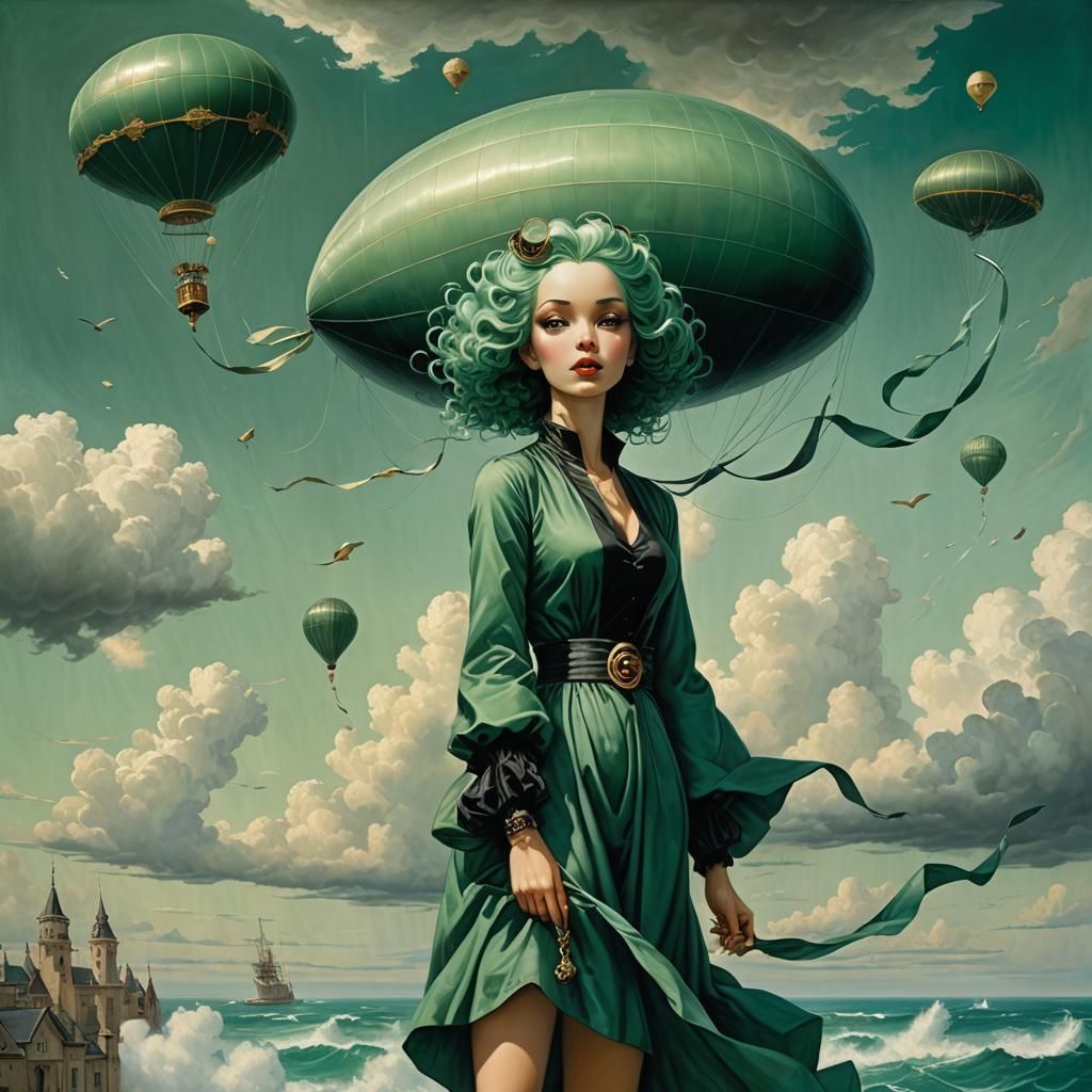 Girl with Emerald Hair and Kite-Blimp in Surreal Sky