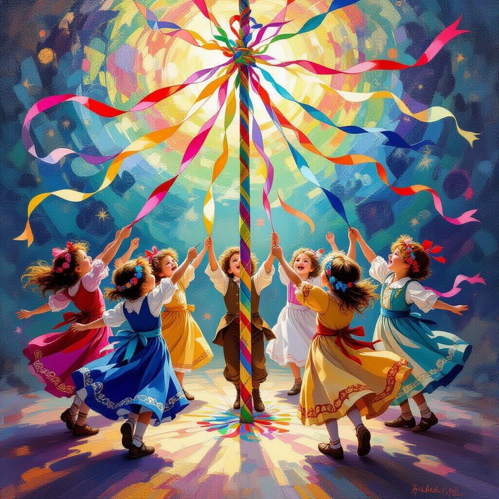 Children's Joyful Dance Around a Maypole in Splash Art