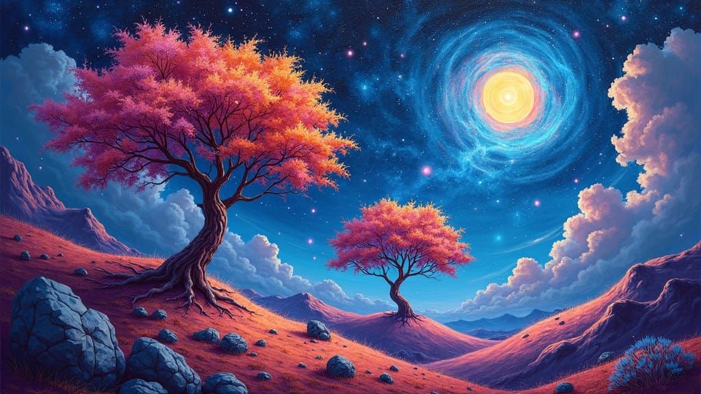 Ethereal Cosmic Landscape in Vibrant Graffiti Style