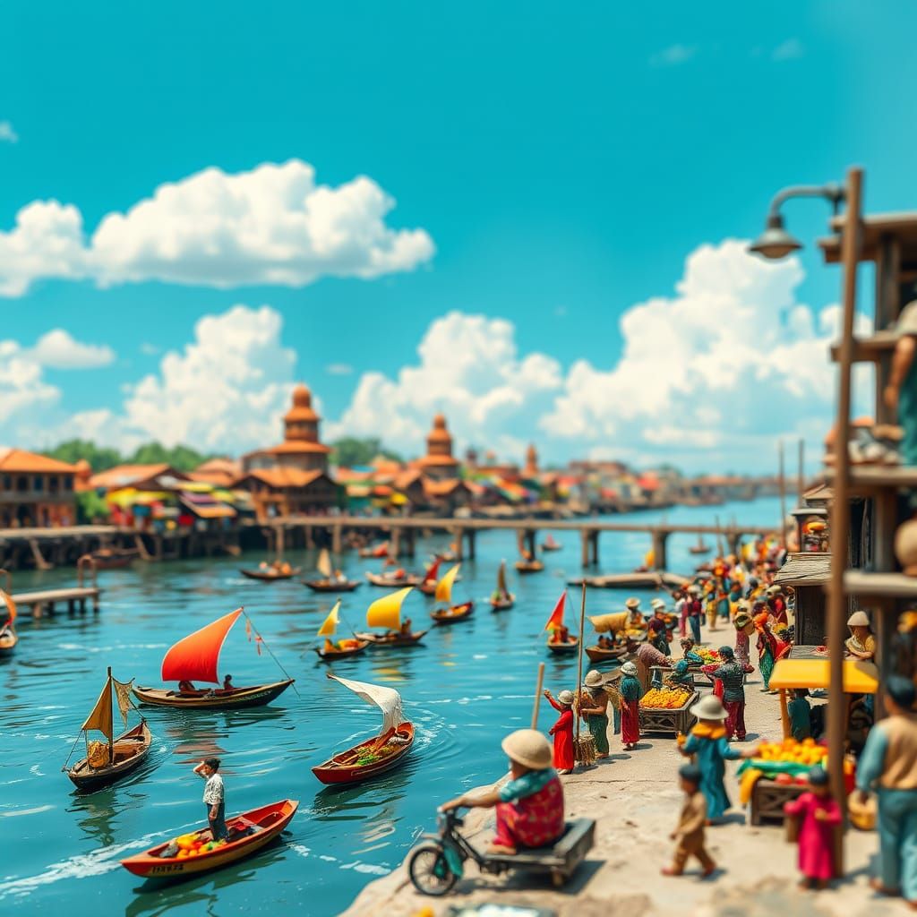 Miniature Whimsical Sadarghat Scene with Tiny Boats and Joyf...