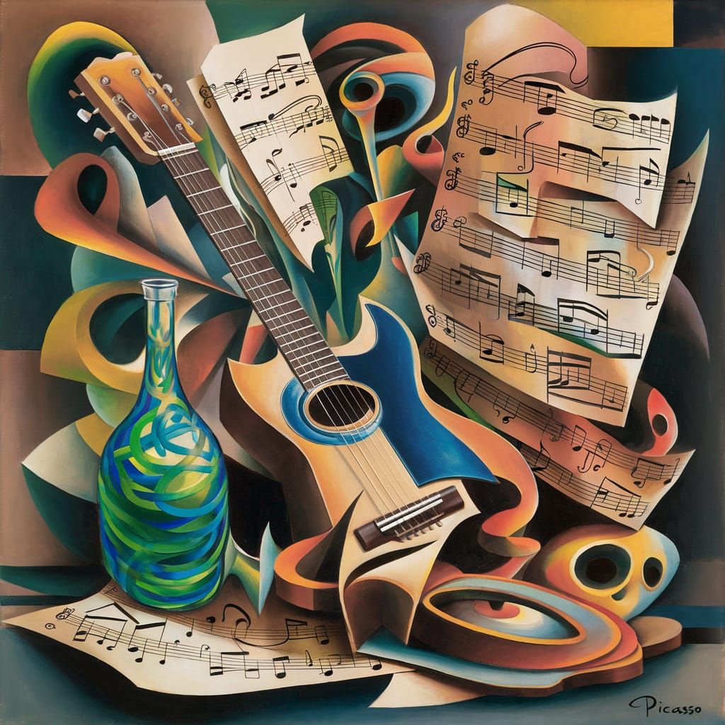 ideogram inspired picasso cubism painting of a still life of...