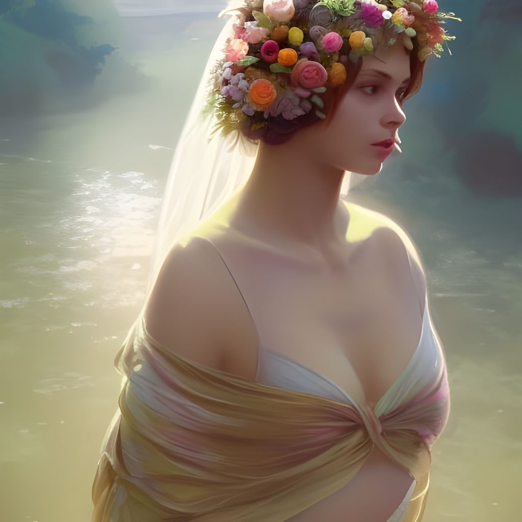 Bride in River with Rabbit, 8K 3D Art