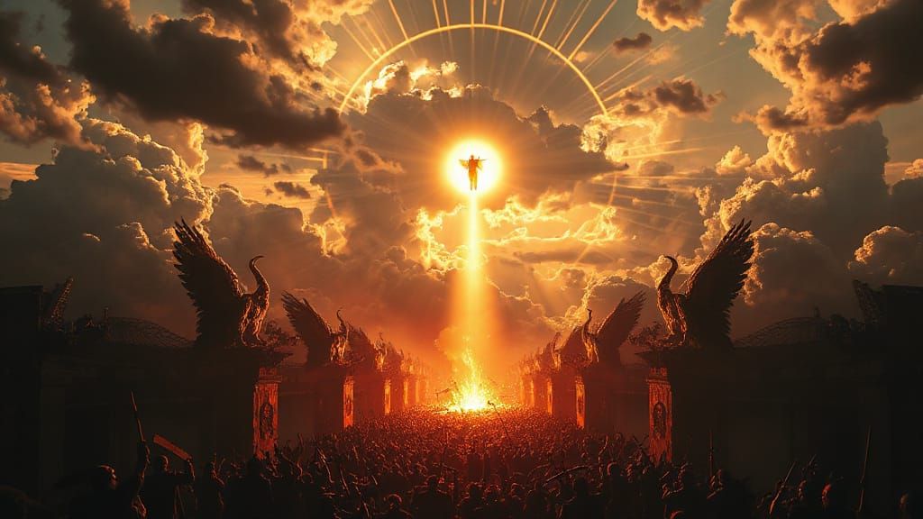 Golden Archangel Descends in Apocalyptic Battle Scene