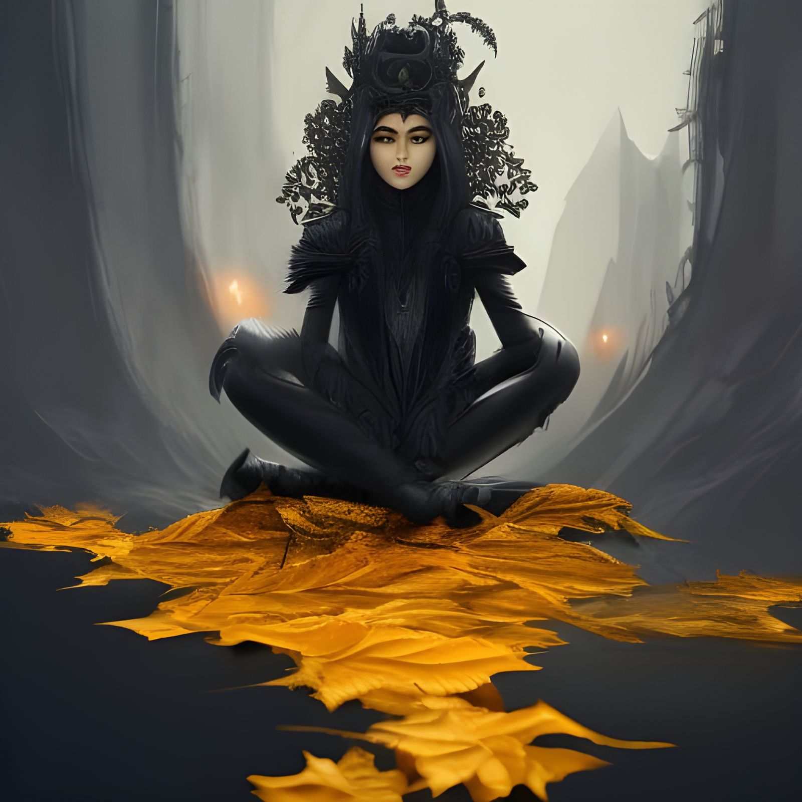 Person in Black with Golden Leaves, Matte Painting