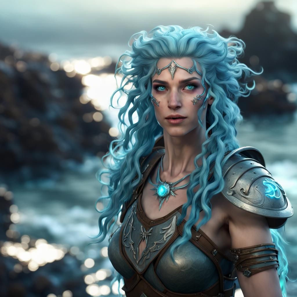 Water Genasi Druid on Rocky Shoreline