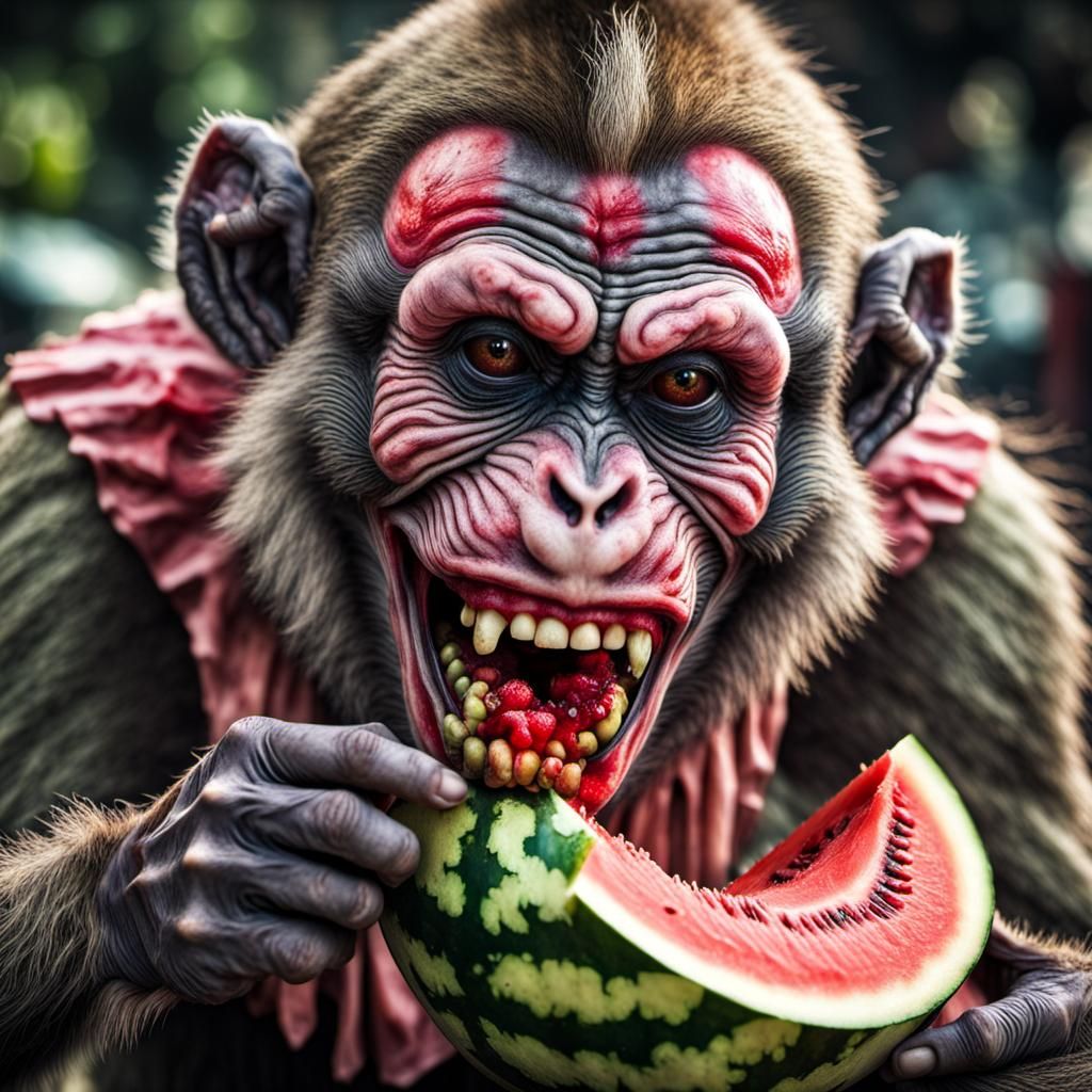 Hyperrealistic Zombie Monkey Clowns Feast on Watermelon