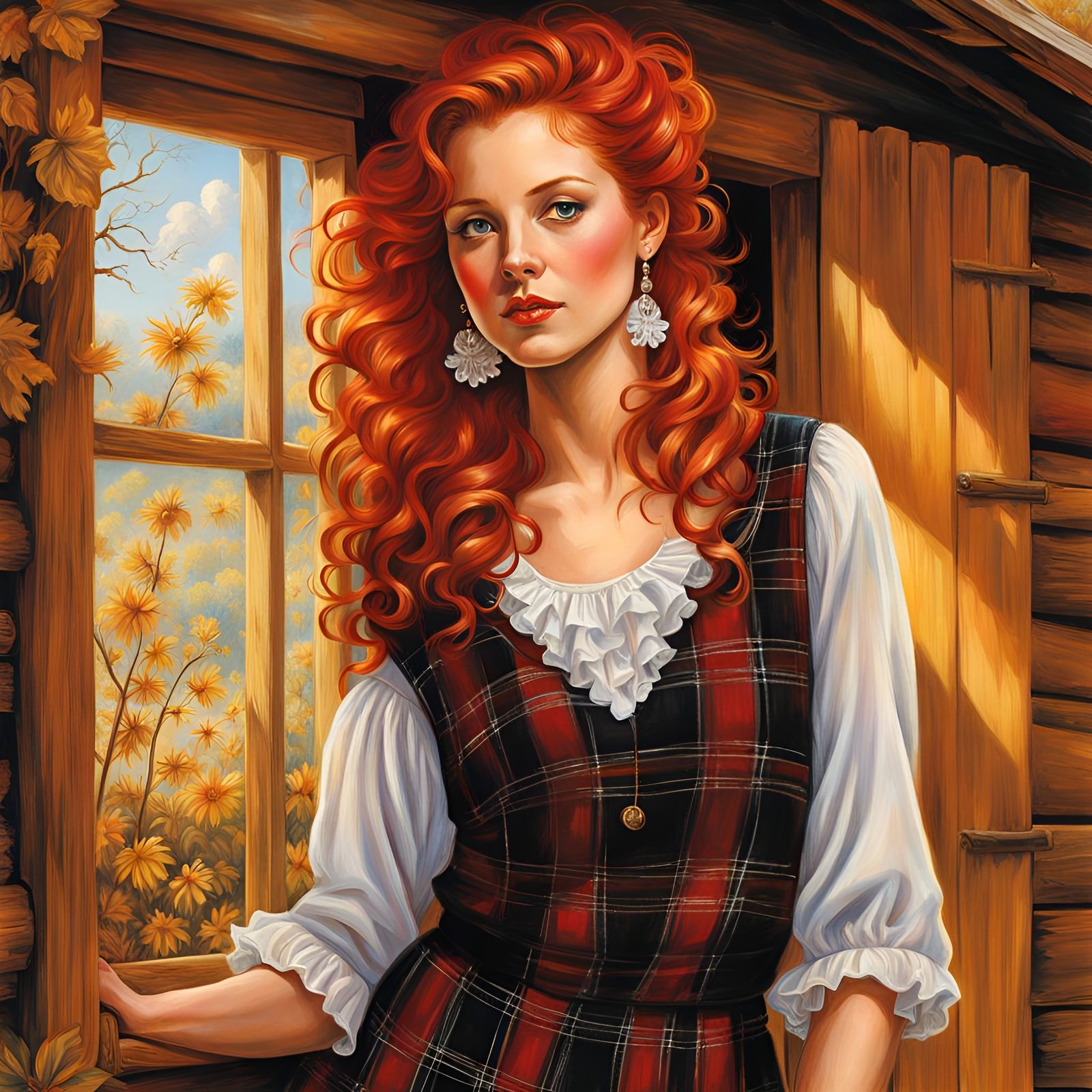 Radiant Redhead in Plaid, Watercolor Style