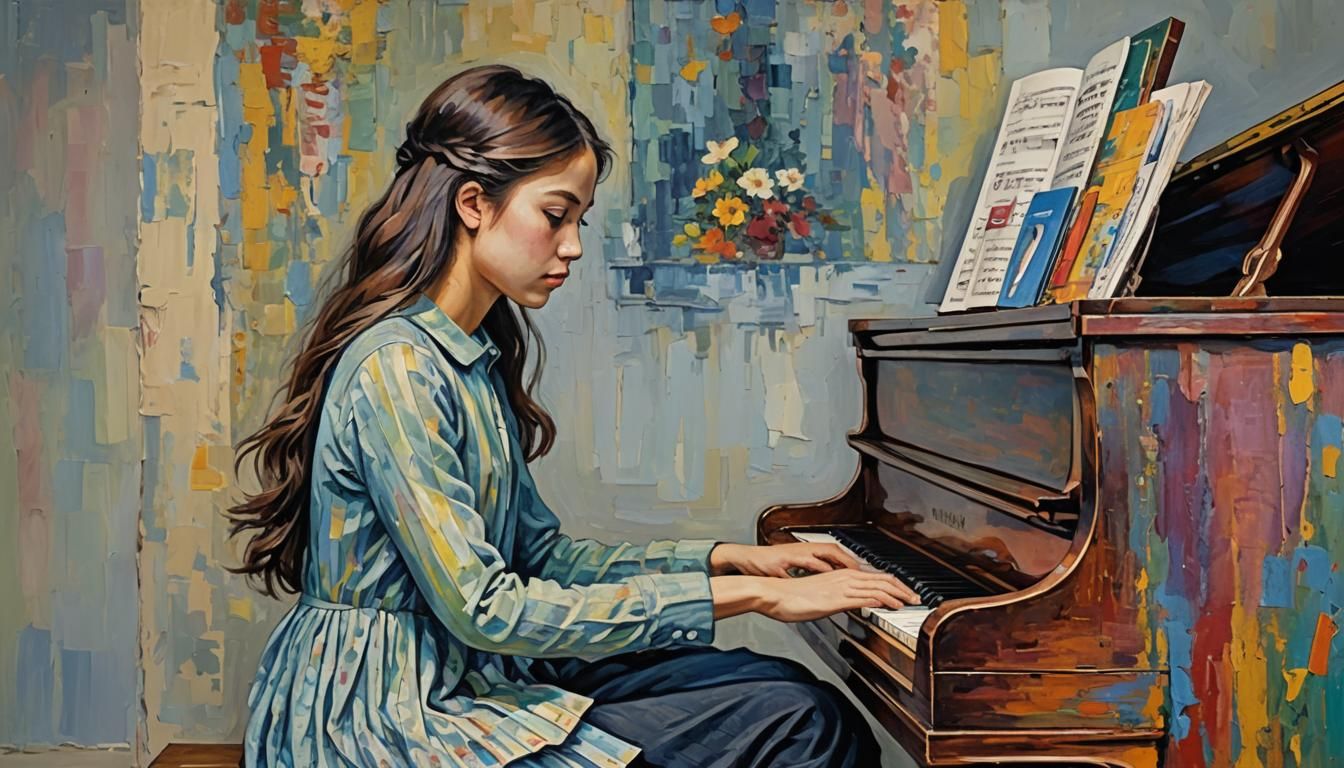 Girl at Piano: Hyperrealistic Neo-Impressionist Oil Painting