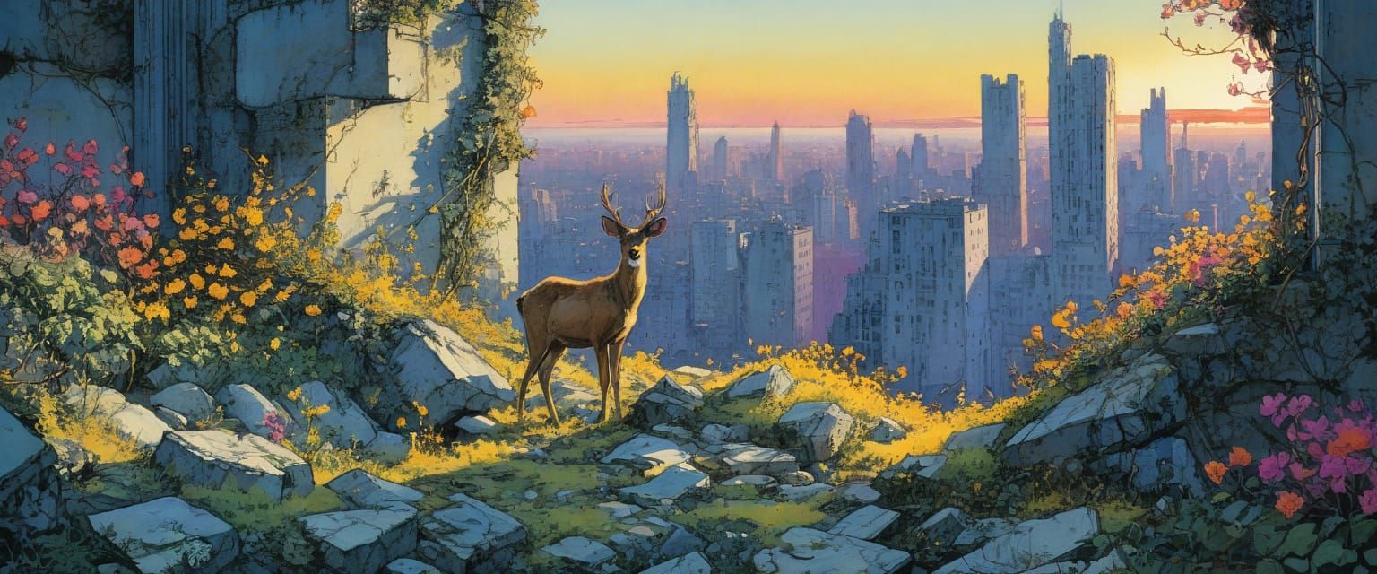 Overgrown City Ruins in Comic Book Style