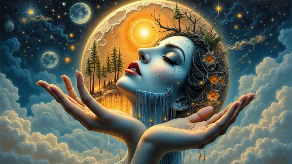 Manhwa Goddess Holding Landscape in Double Exposure