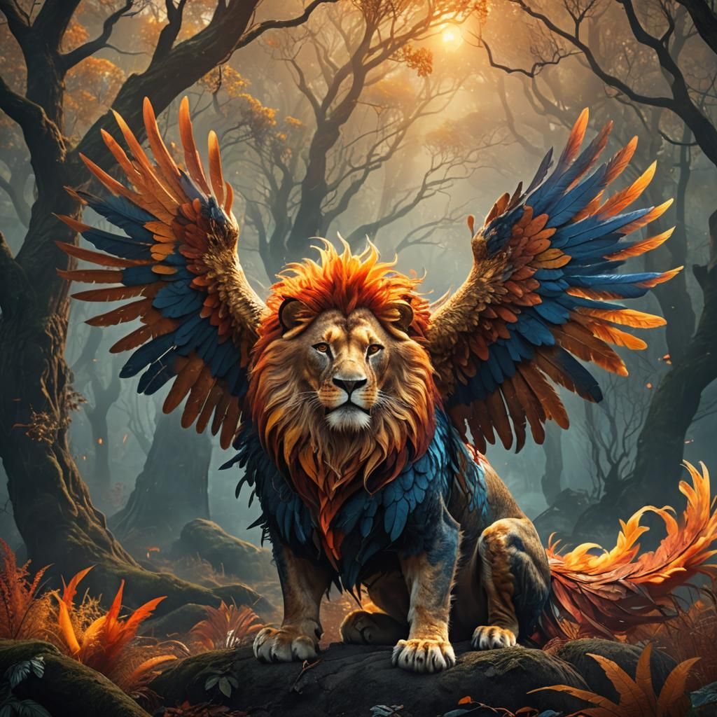Lion Phoenix Hybrid in Mystical Forest