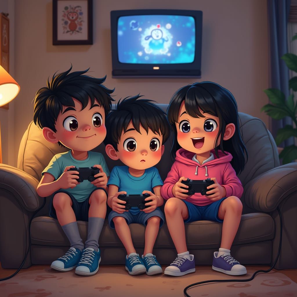 Children Playing Video Games, Digital Illustration