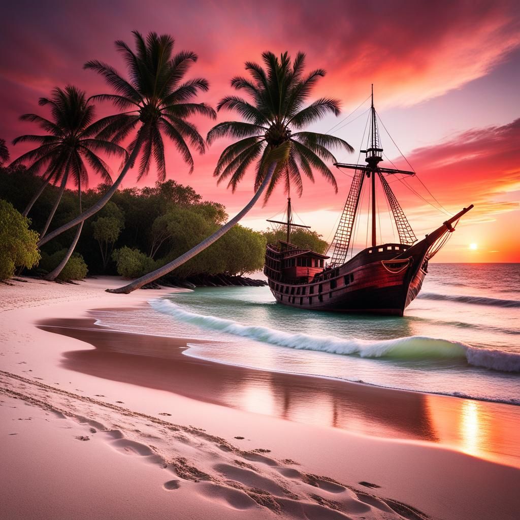 Pirate Ship Sunset on White Sand Beach