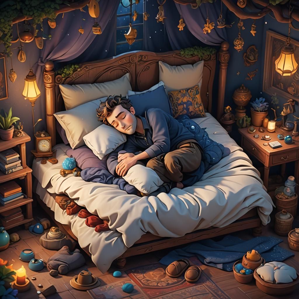 Cartoon Man Sleeping in Cozy Bed: Detailed Matte Painting